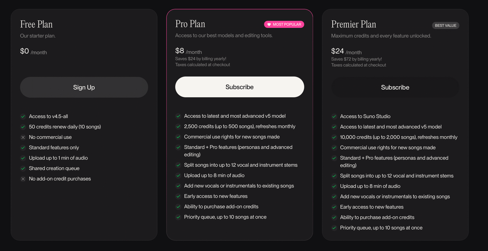 pricing for suno AI AI music generator
